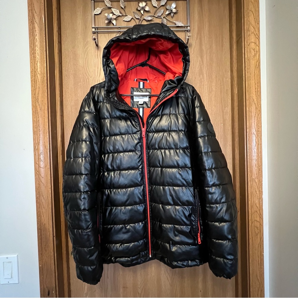 Cole Haan Men's Black/Orange Faux-Leather Puffer Coat Jacket Size L